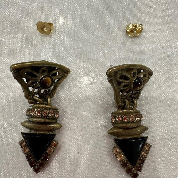 Vintage Sorrelli Drop Pierced Earrings, Antique Brass Setting, Rhinestones - Picture 6 of 6